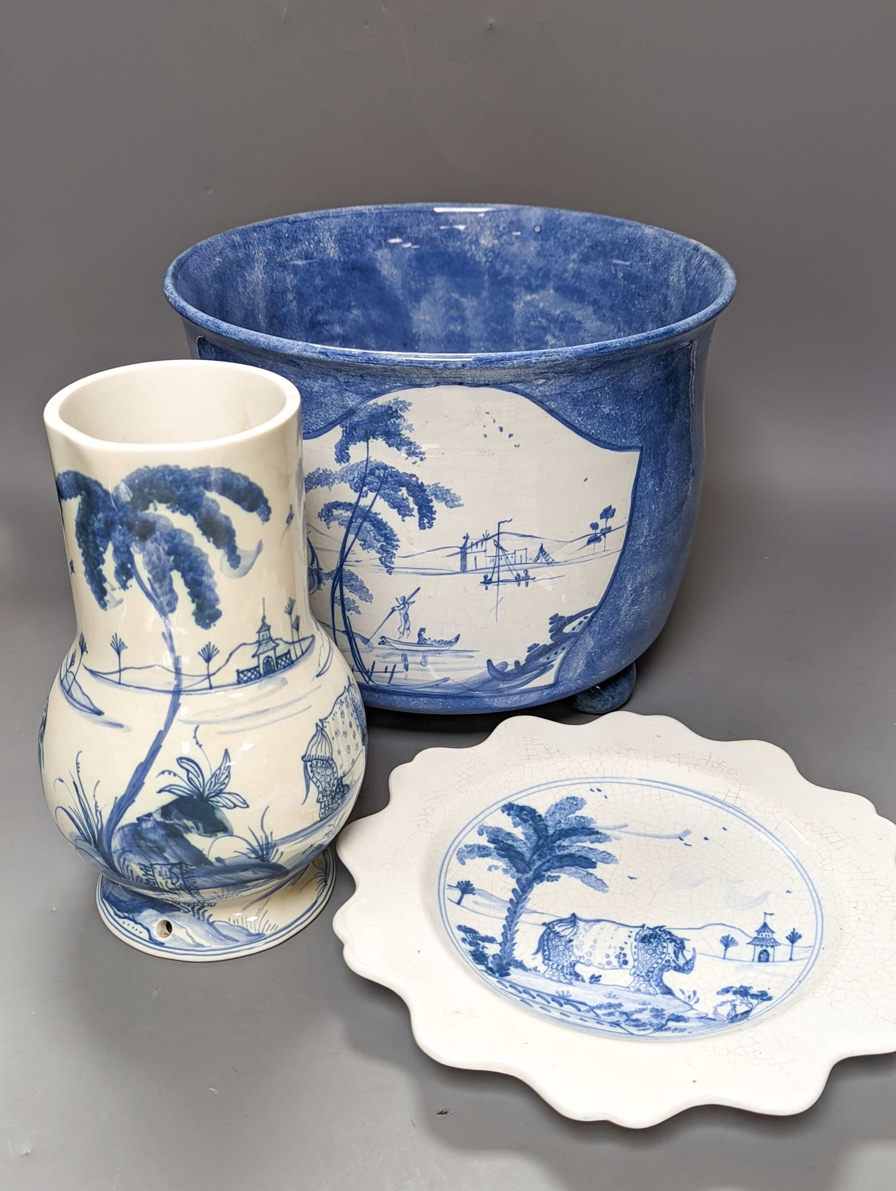 Isis pottery for Colefax and Fowler, a group of blue and white ceramics decorated in imitation of Bristol delftwares